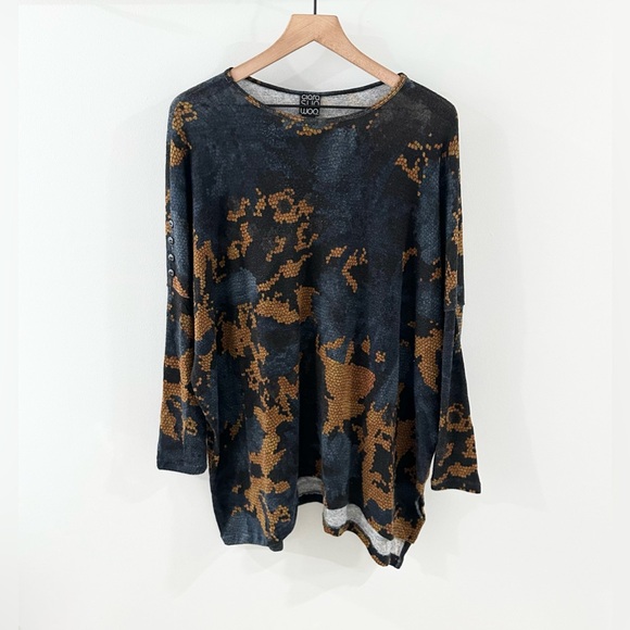 Clara SunWoo Tapestry Boyfriend Sweater Blue & Tan Multi Size XS - Picture 2 of 6